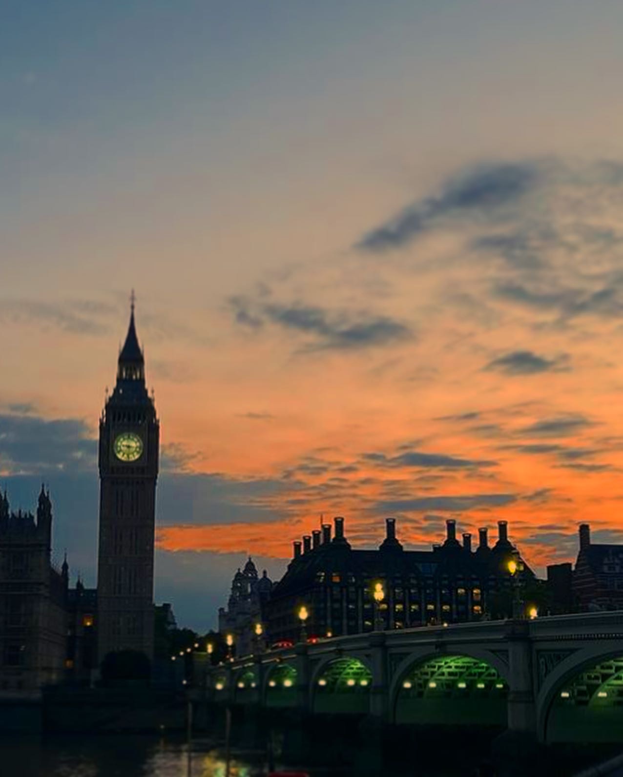 Photo of Big Ben taken from across Westminster Bridge at sunset.